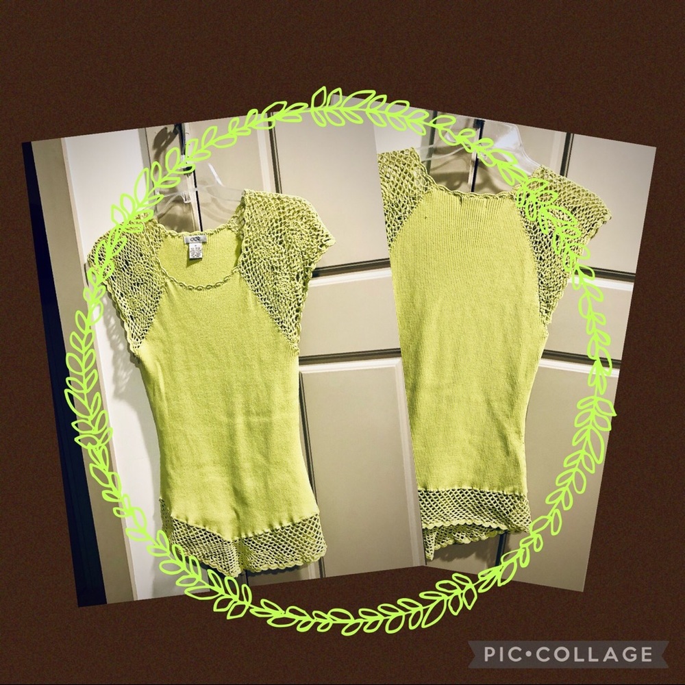 Cache lime green top with crocheted sleeves. Too small for me!